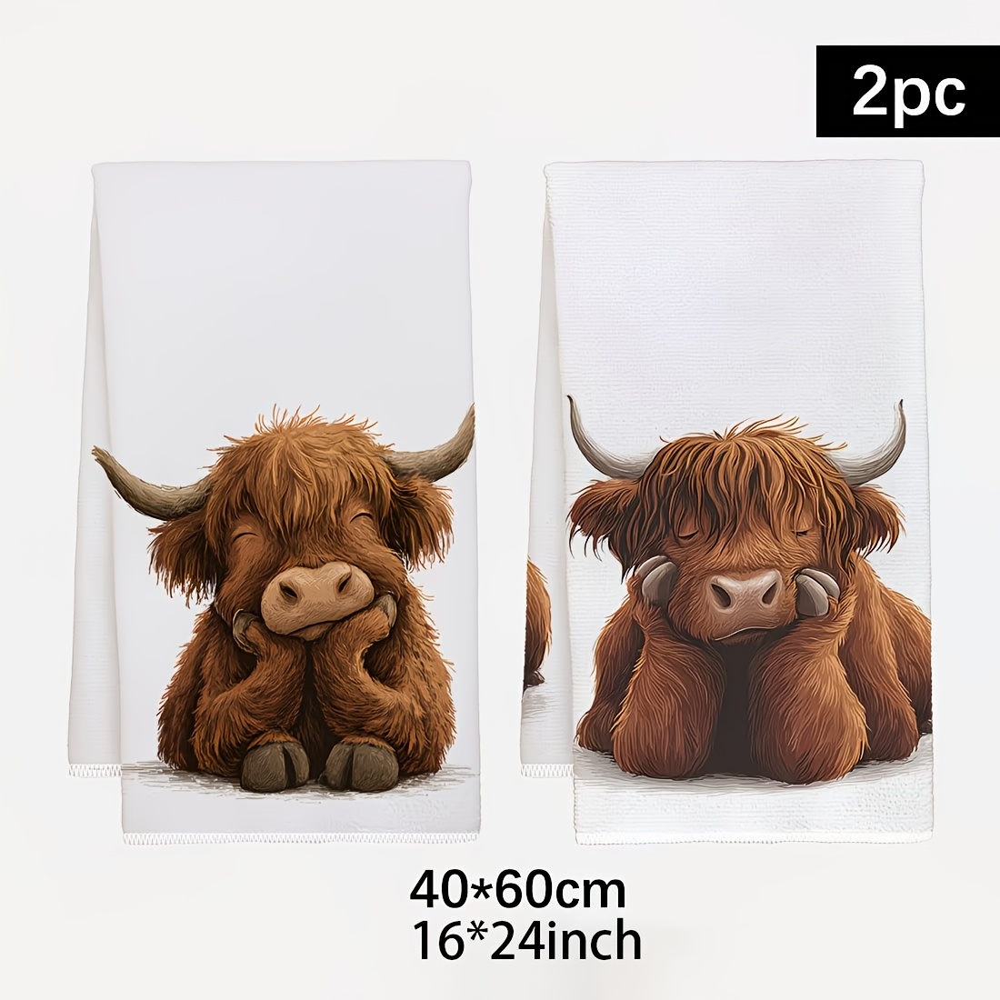 TEMU 2pcs Set Highland Cow Watercolor Illustration Pattern Kitchen Towels, 16x24 Inches, Dish Cloths, Cleaning Rags, Tea Set Decoration, Suitable For