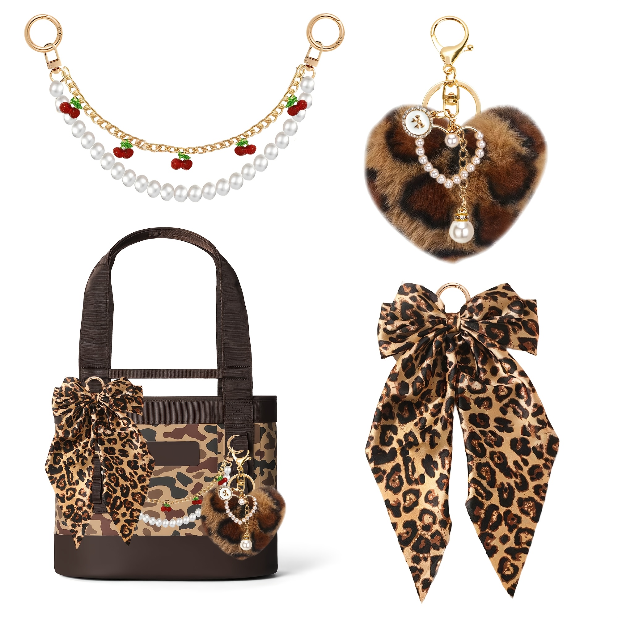 7 Pcs Tote Bag Charm Set Leopard Bow Pearl Pom Pom Keychain Accessories Brown Bow & Leopard Accessory Set – Sweet Haven main image 3