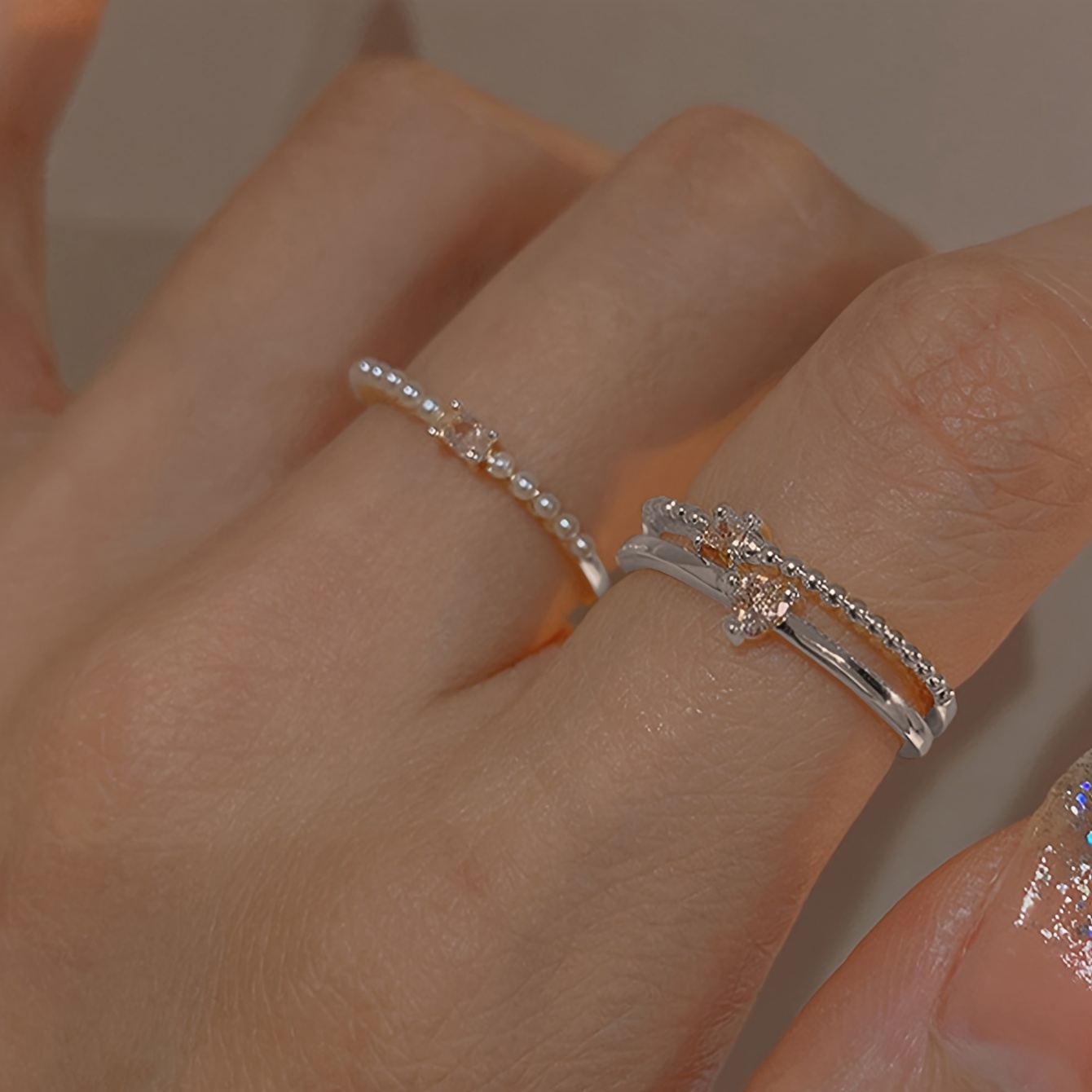 3pcs Micro Inlaid Zirconia Pearl Open Ring Set for Women