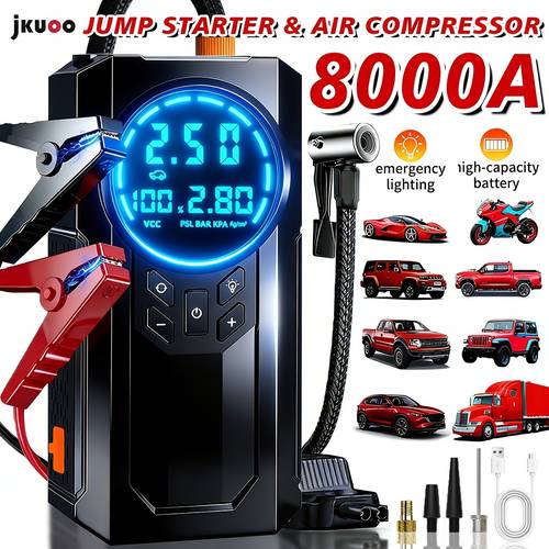 8000a heavy duty car jump starter kit 180 psi portable air compressor and emergency starter with and tire inflator built in 8000mah high capacity battery led flashlight durable construction precision tire pressure monitoring