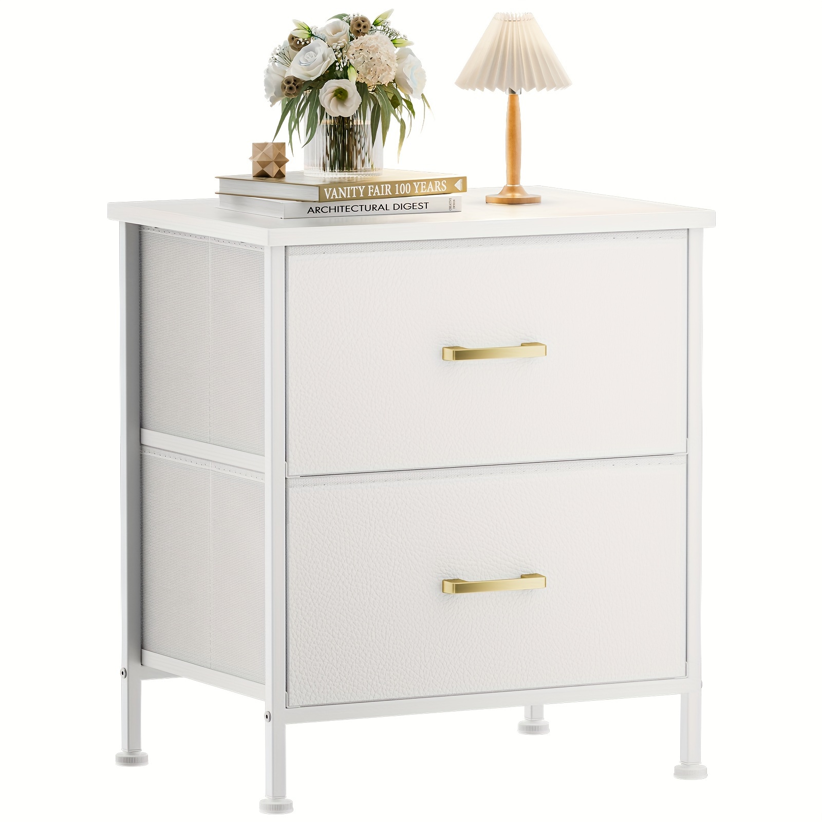 

Nightstand With 2 Drawers, Dresser For Bedroom, Small Dresser With Fabric Bins, Leather , Modern Bedside Table End Side Table For Living Room, Dorm, Closet, White