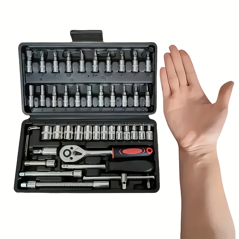 TEMU 46pcs Tool Set Manual Tool Set - Including Metric Ratchet, Socket, Wrench Set For Automotive And Mechanical Maintenance, Durable No Battery, No Charging Tool Set