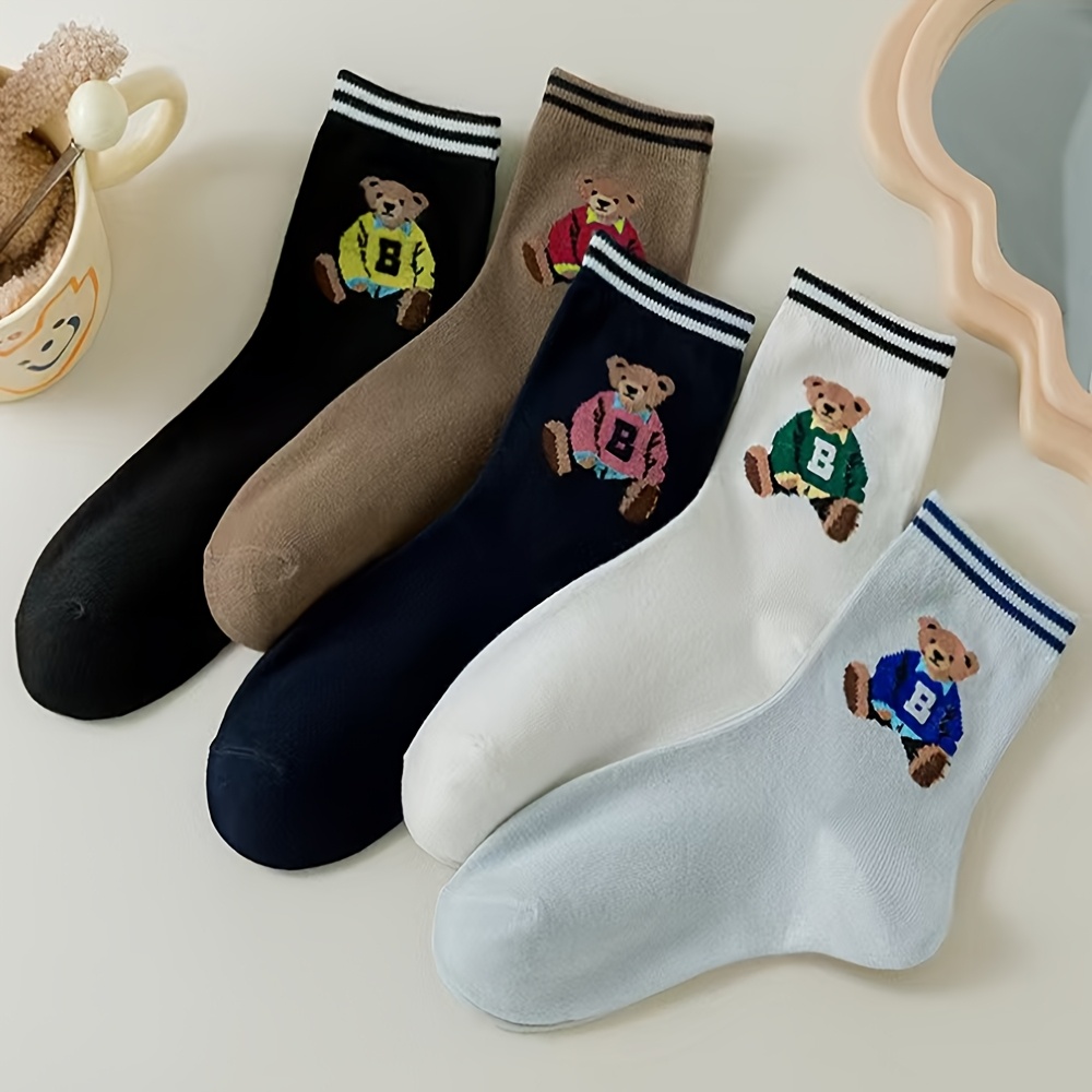 

5pcs Women's Cute Cartoon Bear Mid-calf Socks - Breathable & Sweat-wicking, Polyester