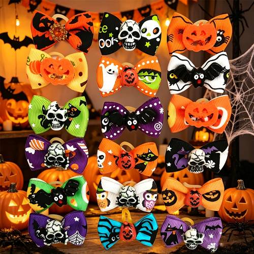 random 20pcs puppy yorkie dog hair bow halloween ribbon with rubber band 40mm mixed colors varying patterns pet grooming products halloween