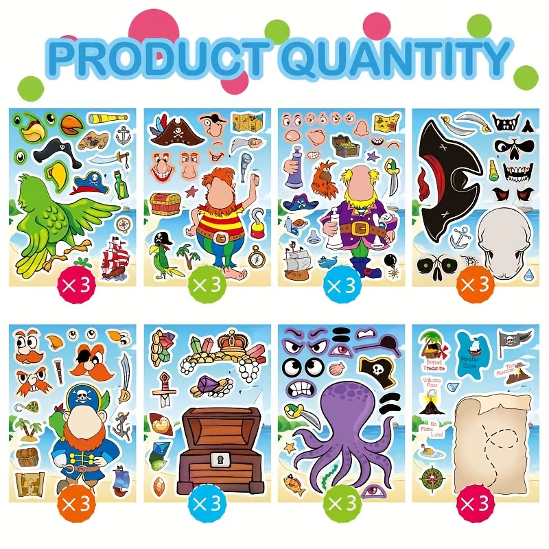Image of 24 Sheets Of Pirate-themed Stickers For Children, Create Your Own Pirate Stickers, Face-making Stickers, Designs, And Stickers, Decorations For A Pirate-themed Party.