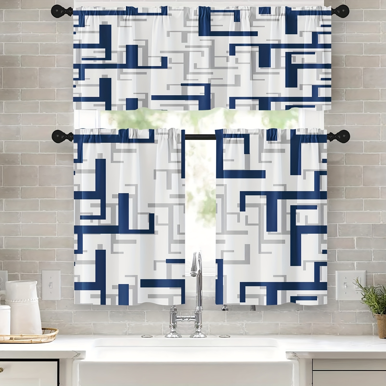 3pcs 36 Inch Kitchen Curtains Navy Blue And Grey Geometric Abstract Art Window Curtains And Valances Set Of 3, White Modern Art Background Short Tier Curtain For Kitchen