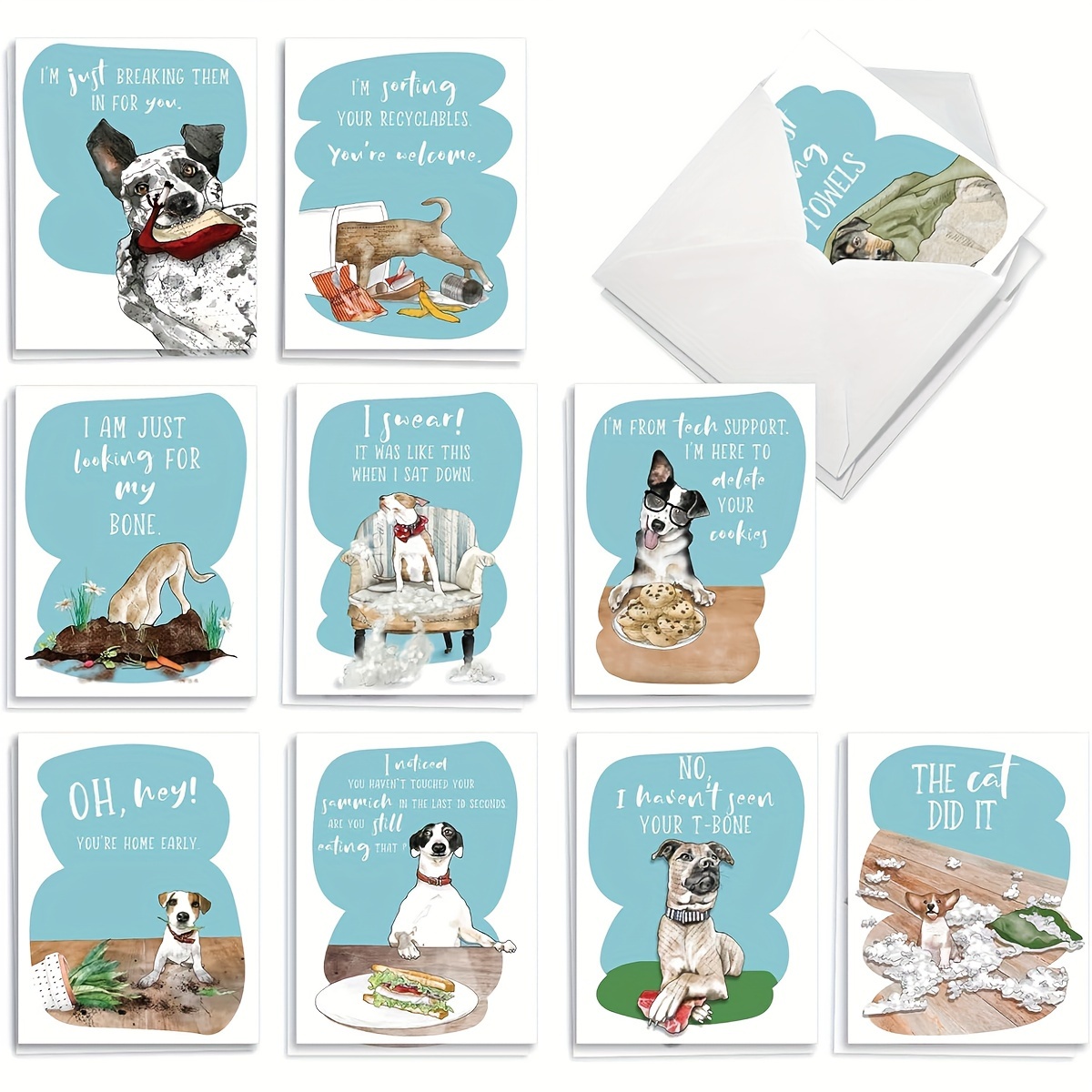 

Greeting Cards 20 Assorted Blank Notecards Box Set 4 X 5.12 Inch With Envelopes (10 Designs, 2 Each) Naughty Dogs
