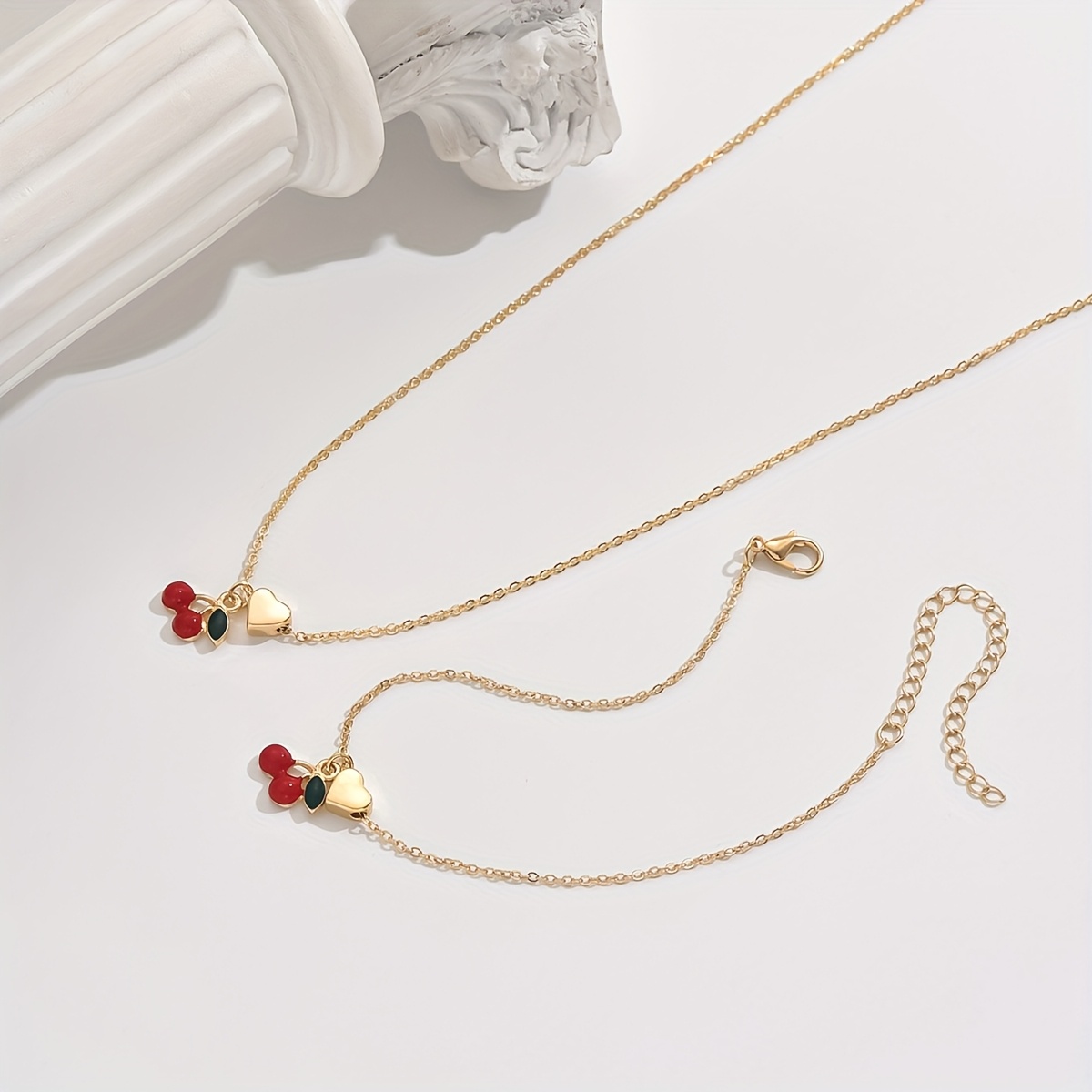 2pc Cherry Heart Bracelet Necklace Set
