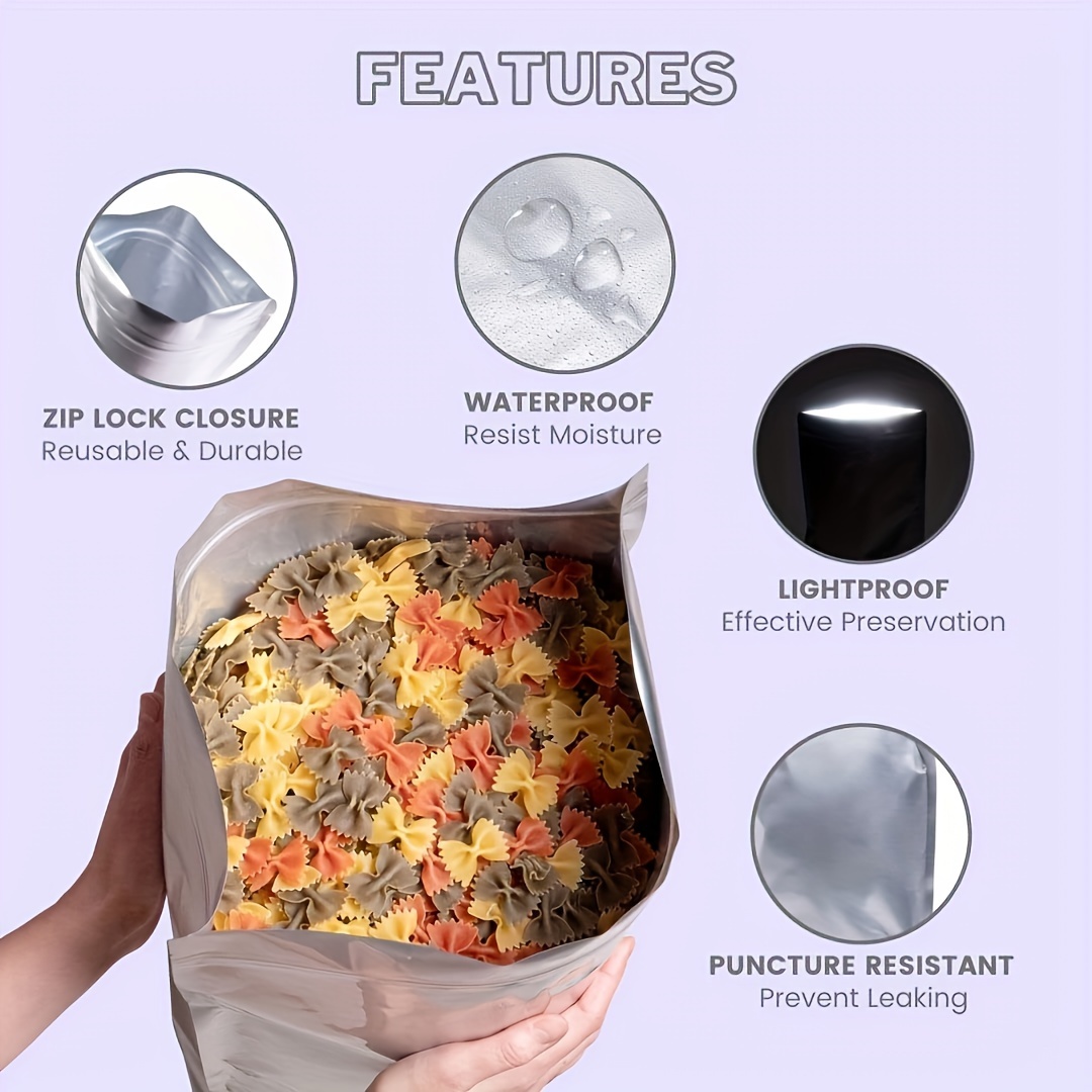 10 шт., 20 шт., 5 галлонов, пакеты из металлизированного полиэтилена с застежкой-молнией, алюминиевые пакеты из фольги для длительного хранения продуктов, пищевого качества, 20x30, 1 кварт, 1 галлон, 2 галлона, 5 галлонов, термоупаковочные пакеты для пшеницы, мешки для выдержки мяса, детали 2