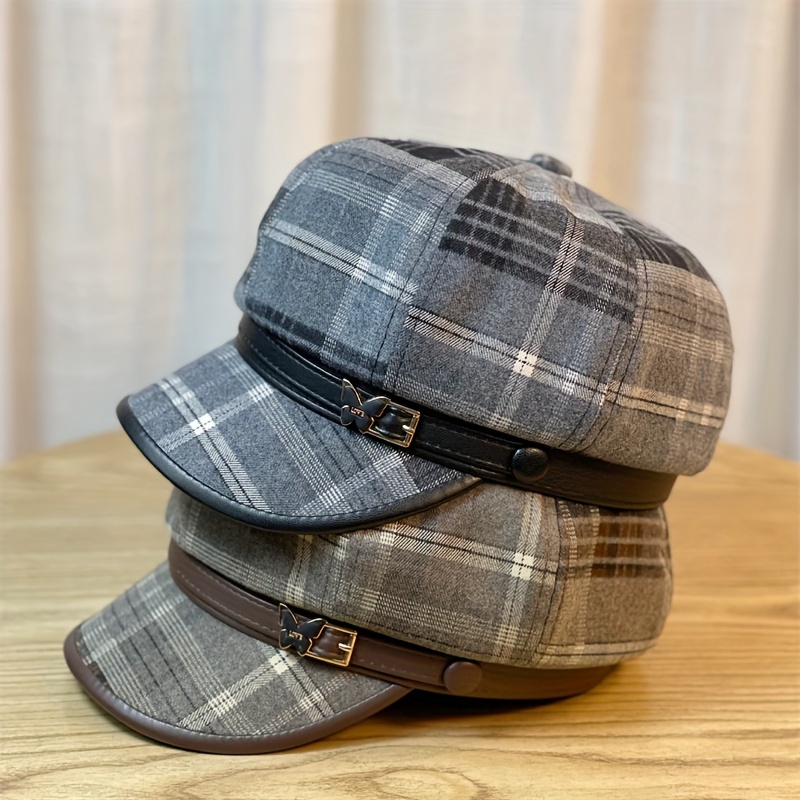 

New Plaid Butterfly Octagonal Cap - Women's Fall/winter Fashionable, Versatile, And Sun-protective - Holiday Themed - Polyester Fabric - Non-elastic - Printed Pattern Position Random