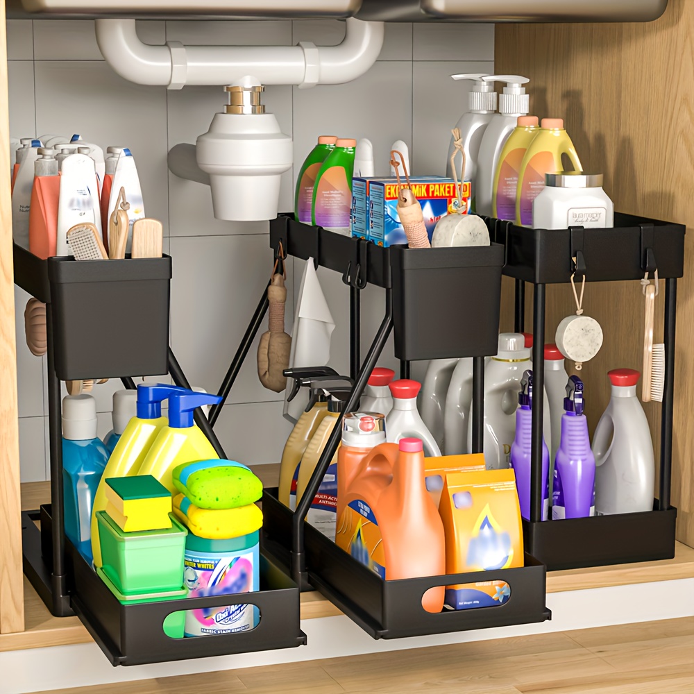 TEMU 3pcs Under Sink Organizer And Storage, 2 Tier Sliding Cabinet Basket Storage Drawer, Kitchen Accessories, Kitchen Organizers And Storage,