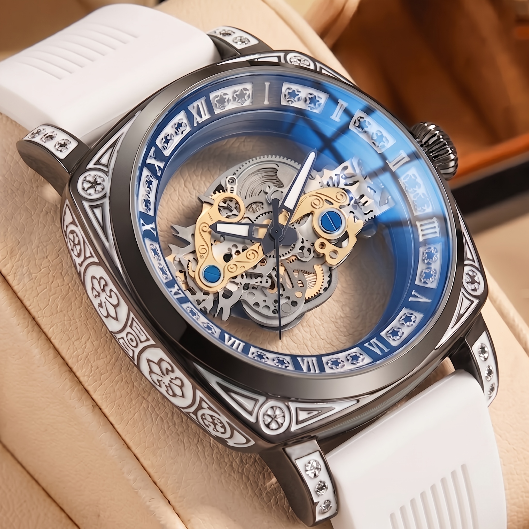 TEMU 1pc Men' Tape Style Creative Light Flywheel Carving Fully Automatic Mechanical Watch