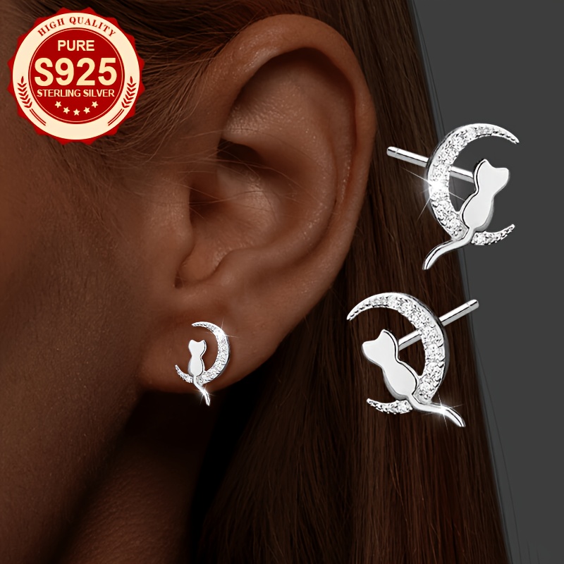 Women's S925 Silver Moon and Kitten Stud Earrings