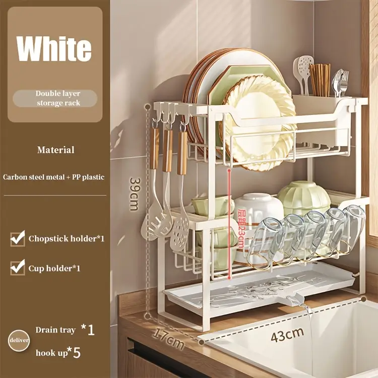 1pc multifunctional convenient durable kitchen counter top sink bowl rack removable 2 tier bowl rack drain board with double layer bowl cup rack drain board board rack utensil rack Product details 9