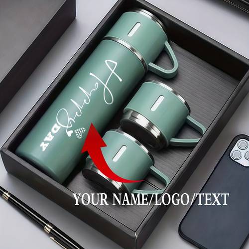 single pack custom insulated tumbler white artistic font personalized custom water bottle 16oz stainless steel material one cup with three lids gift box packaging suitable as a gift for men colleagues suitable for office