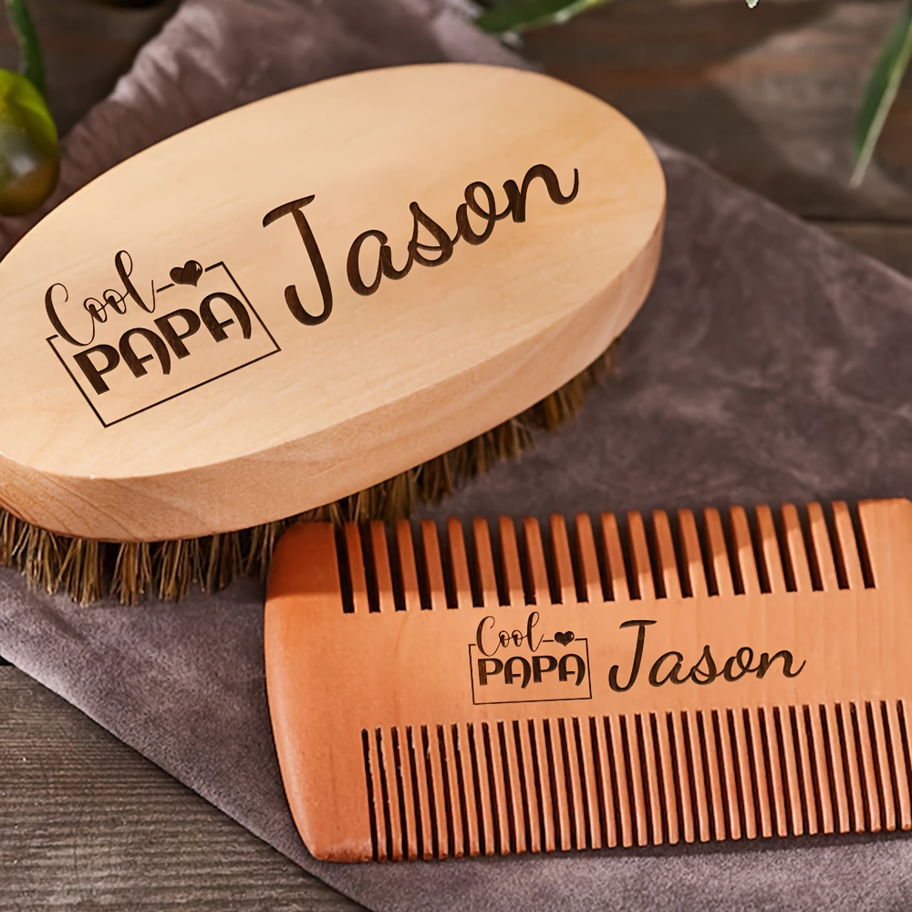 

Custom Engraved Beard Grooming Kit - 2pcs Set Brush & Wooden Comb, Men, Fathers, - Includes Travel Pouch, Ideal Father's Day Gift