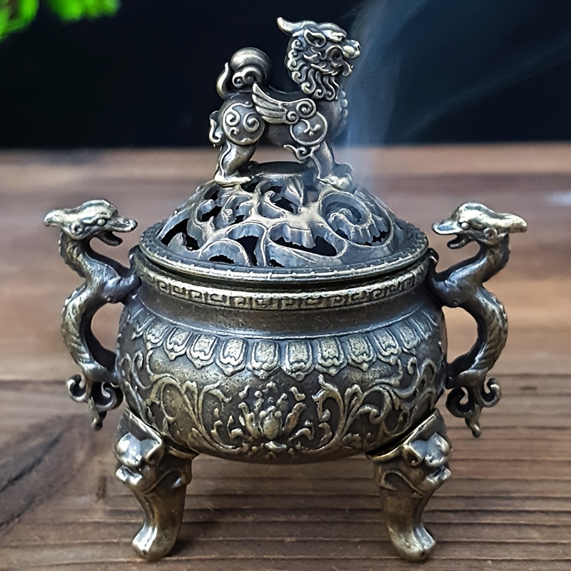 1pc Double Dragon Three-legged Incense Holder With Exquisite Carvings, Featuring A Lid – Perfect For Home Decor, Meditation, Office Use, Camping, Garden, Or Dinner Ambiance