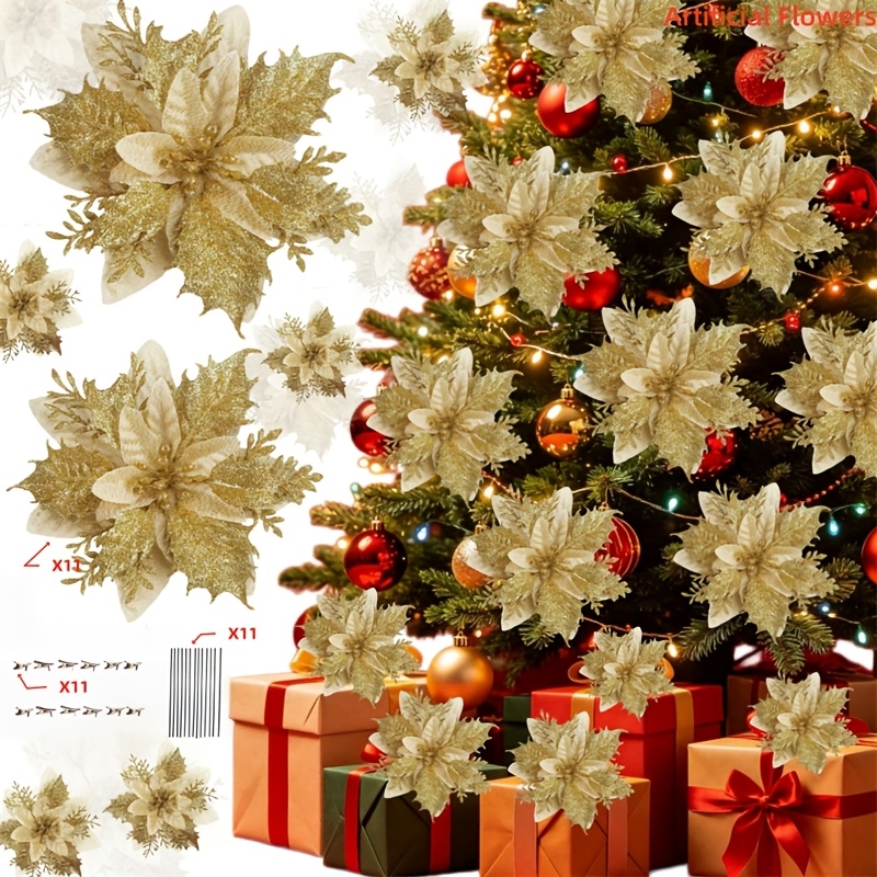 TEMU 33pcs Christmas Artificial Red Roses With Sequins (11 Flowers And 11 Clips And 11 Stems) - Christmas Tree Wreath Decoration Sparkling Flowers