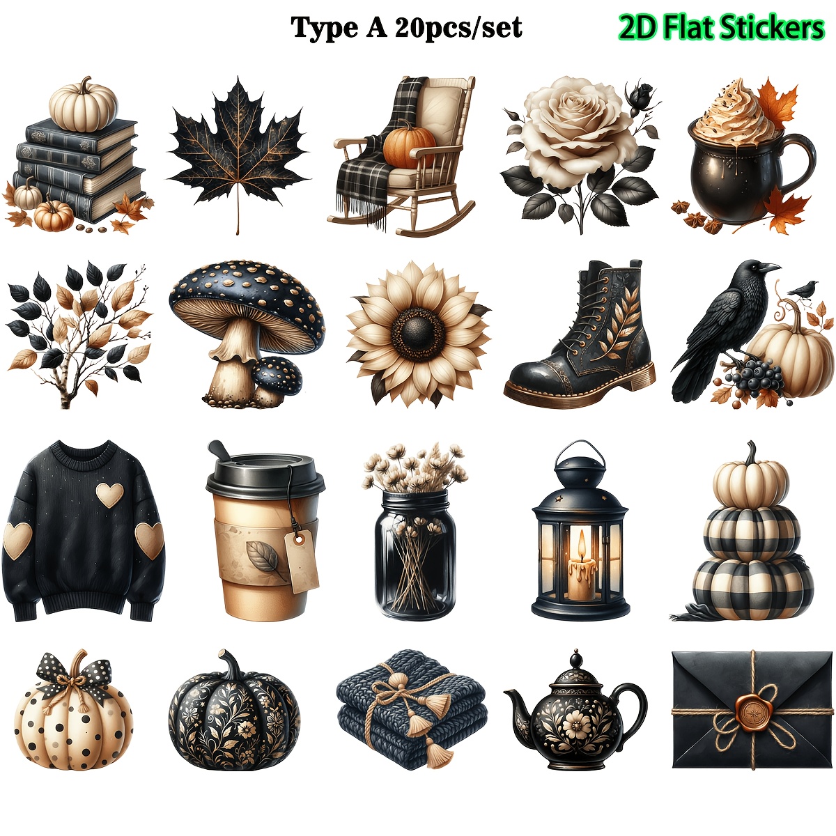 Image of 20pcs/set Creative Handmade And White Watercolor Autumn-themed Decorations High Quality Stickers Suitable For Garbage Diary Notebook Decoration Diy Gift Decoration 2d Flat Stickers, 2d Flat