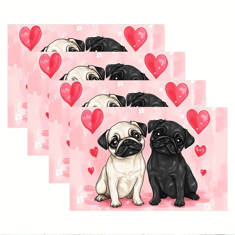 

4-pack Valentine's Day Placemats, Kawaii Pug Puppies Design, Polyester Woven Rectangular Table Mats, Machine Washable, 12x18 Inch, For Kitchen, Wedding, Dining Decor - Wbcd111517