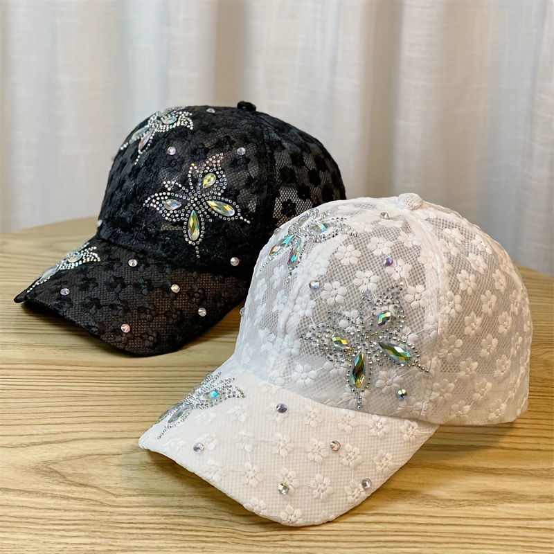 

1pc Lace Rhinestone Butterfly Casual Style Baseball Cap, Elegant Mesh Breathable Sports Adjustable Duckbill Hat