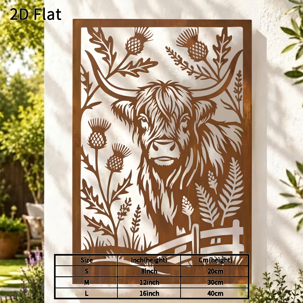 TEMU 2d Flat, 1pc Highland Cow Metal Wall Art 2d Flat Rustic Farmhouse Decor Heavy Duty Waterproof Plaque For Garden Porch Indoor Outdoor Unique