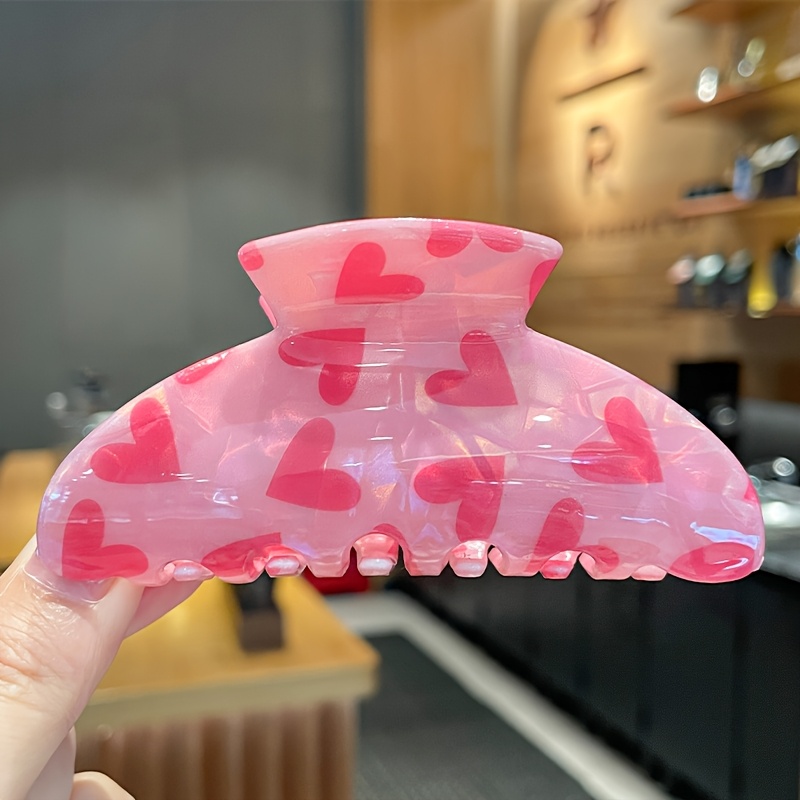 Image of 1pc Elegant Pink Heart Print Acrylic Hair Clip For Women - Non-slip Large Size Valentine's Day Gift, Romantic Occasion Hair Accessories, Design, Smooth Glossy Finish
