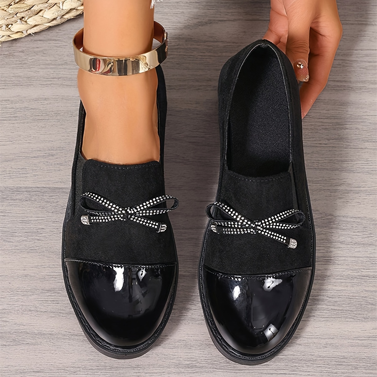 

Women' Round Toe Black Loafers With Bow Knot, Slip-on Flat Shoes, Fabric Upper And Insole, - Versatile Footwear