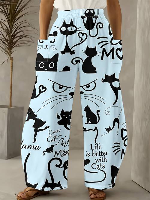 item picture womens fun black cat print loose straight leg pants large pockets casual trousers suitable for machine washable comfortable and loose for cat lovers