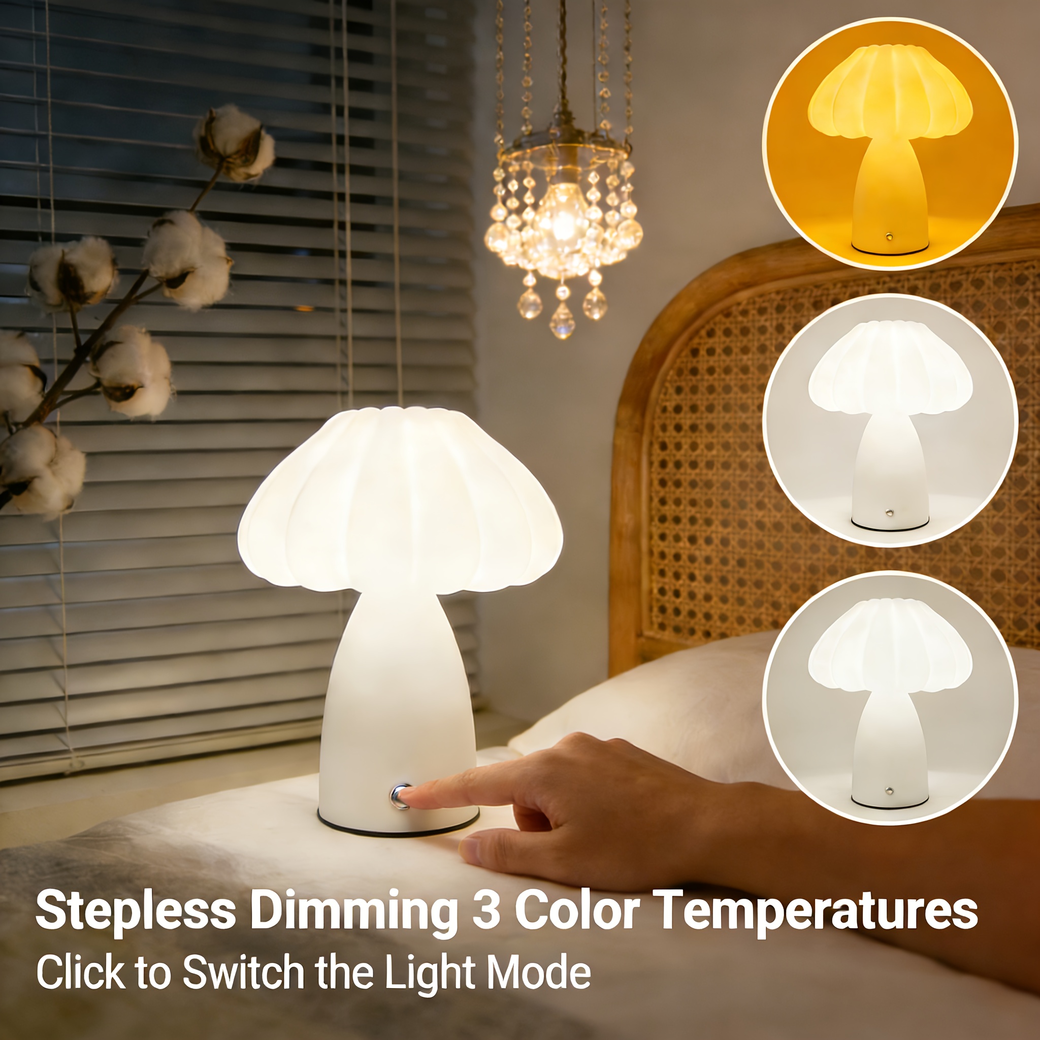 Cute Mushroom Bedside Lamp, Touch Control, Three-Color Dimming, USB Rechargeable Night Light, 1800mAh Large Battery, Suitable for Bedroom, Living Room, and Hallway Decoration
