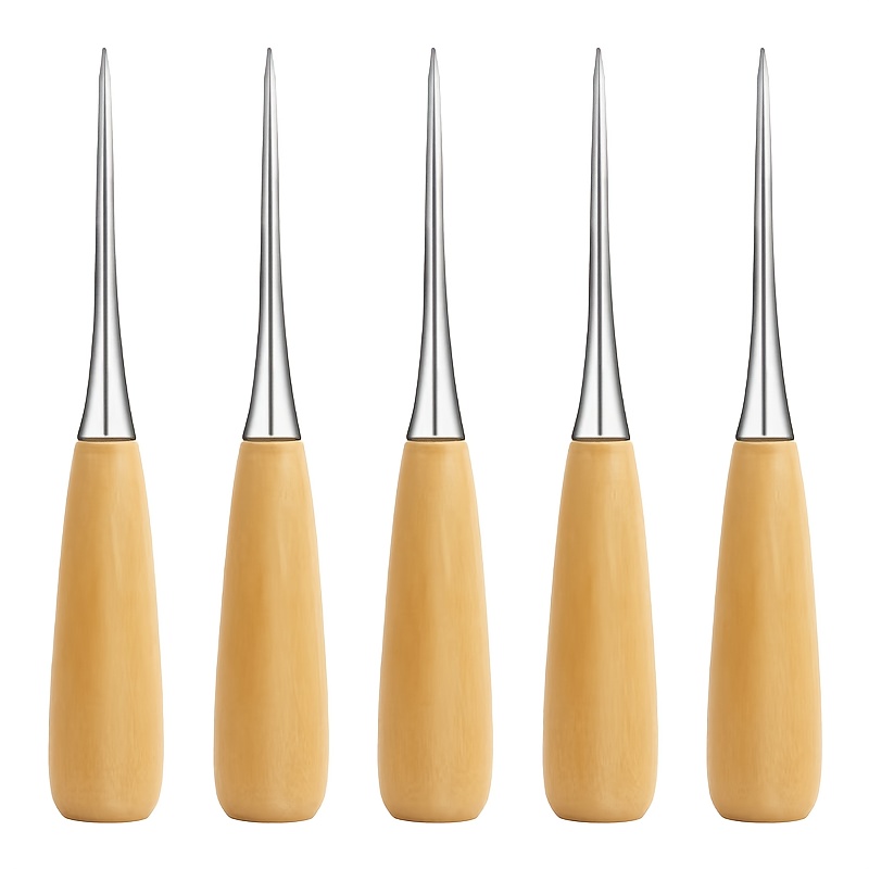 TEMU 5pcs Diy High-quality Leather Awl Set With Wooden Handle, Awl For Drilling Holes, Hand-stitched Leather Repair Positioning Tool