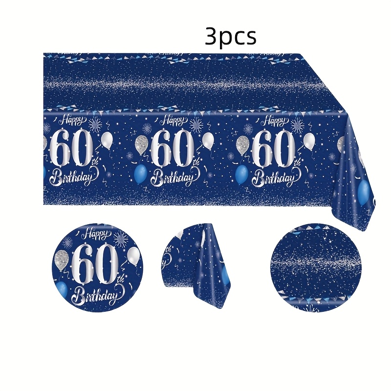 3er-Set blaue und silberne Tischdecken für 60. Geburtstag, Marineblaue "Happy 60" Tischdecken als Partydekoration,…: retailer-supplied image