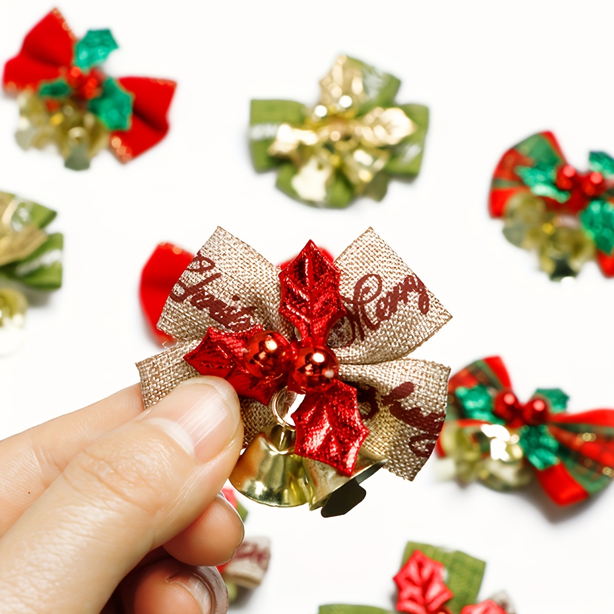 

10pcs Christmas Butterfly Bows With Bells - Assorted Styles For Tree, Wreath, Crafts & Gift Decoration, Polyester/metal/plastic, No Feathers