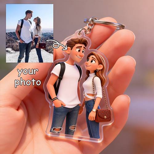 2d flat anniversary surprise customization cartoon style 2d acrylic keychain for couples customizable from real photos into hand painted anime style chibi portraits pendant can turn couple photos wedding photos or everyday funny