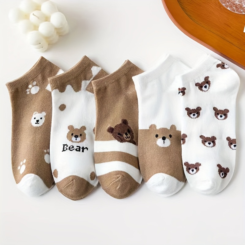 5 Pairs Women's Ankle Socks - Cute Bear & Paw Print Design, Anti-Odor Warm Boat Socks for Fall, Trendy Japanese Style Casual Socks & Fashion Enthusiasts, Accessories, Playful Sock Designs, Soft Fabric Socks