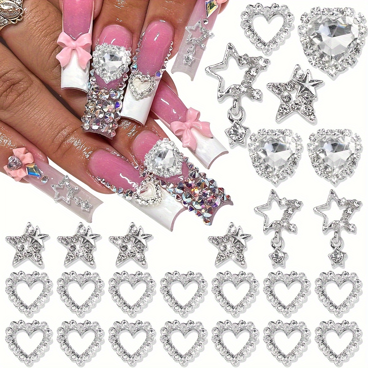 

30pcs Star & Heart Nail Charms Set - 3d Crystal Rhinestones, Silvery Alloy, Sparkling Gems For Diy Manicure And Crafts