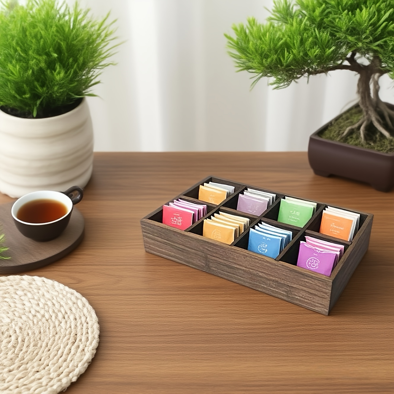 Boîte En Bois Pour Sachets De Thé - 8 Compartiments, Rangement Et Présentation élégante