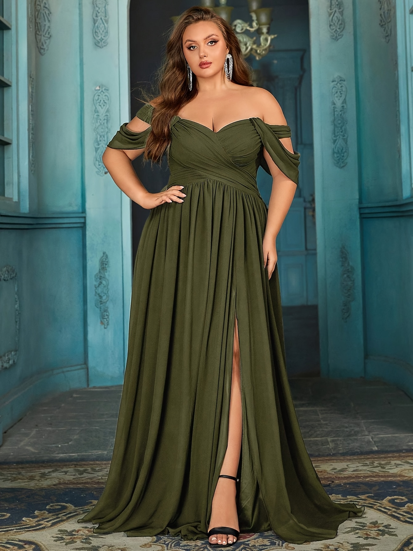 plus size 40th birthday dress Plus Size Knit Ruffle Sleeve Evening Dress