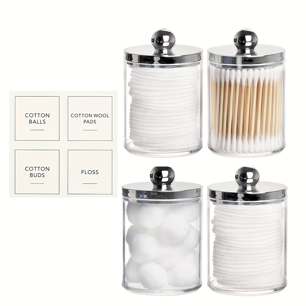 Image of 4 Pack 10oz Swab/ball/pad Holder, Qtip Apothecary Jar, Clear Bathroom Organizer Containers Dispenser For Storage With Silvery Lid