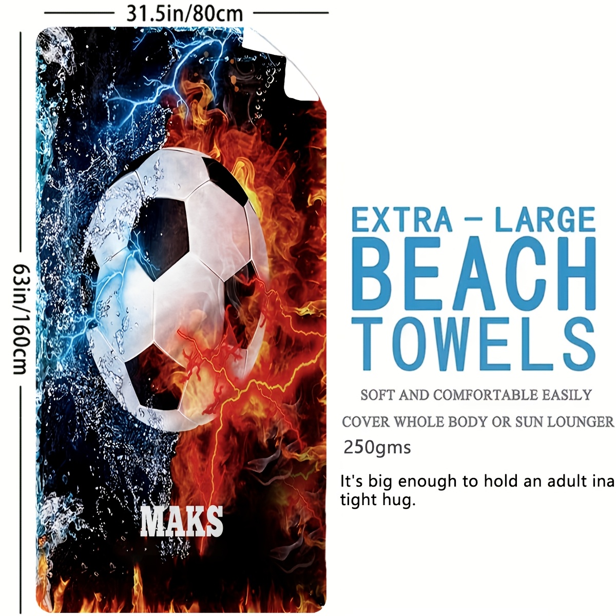 TEMU 1pc Creative And Stylish Soccer Ball Customizable Name Beach Towel, High-quality Heavyweight Microfiber Towel, , Quick-drying Beach Towel,