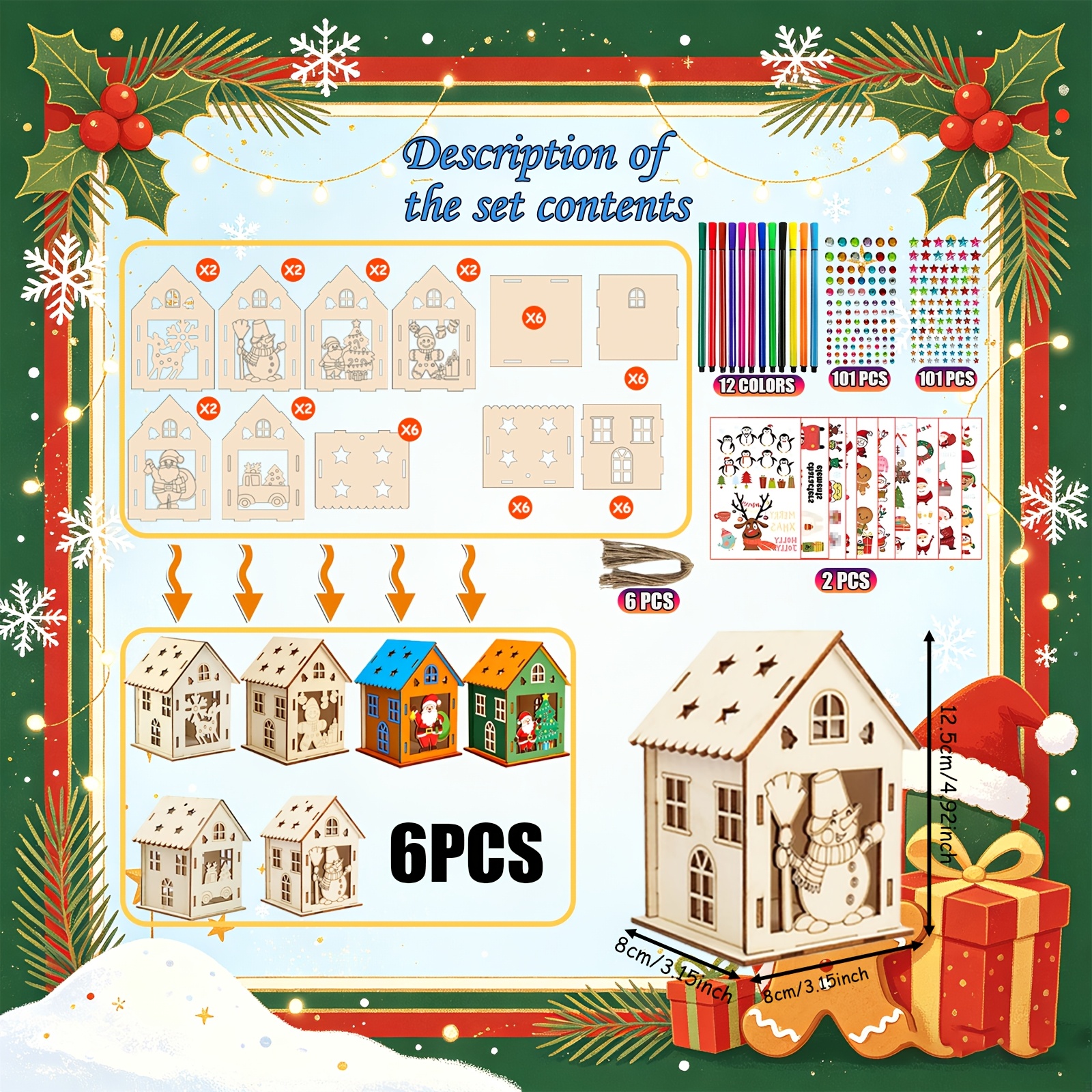 TEMU Set de pintura de casa de madera navideña para niños, 6 piezas, casa de madera de 3D, juguete navideño, kit de adornos, bolsa de material de