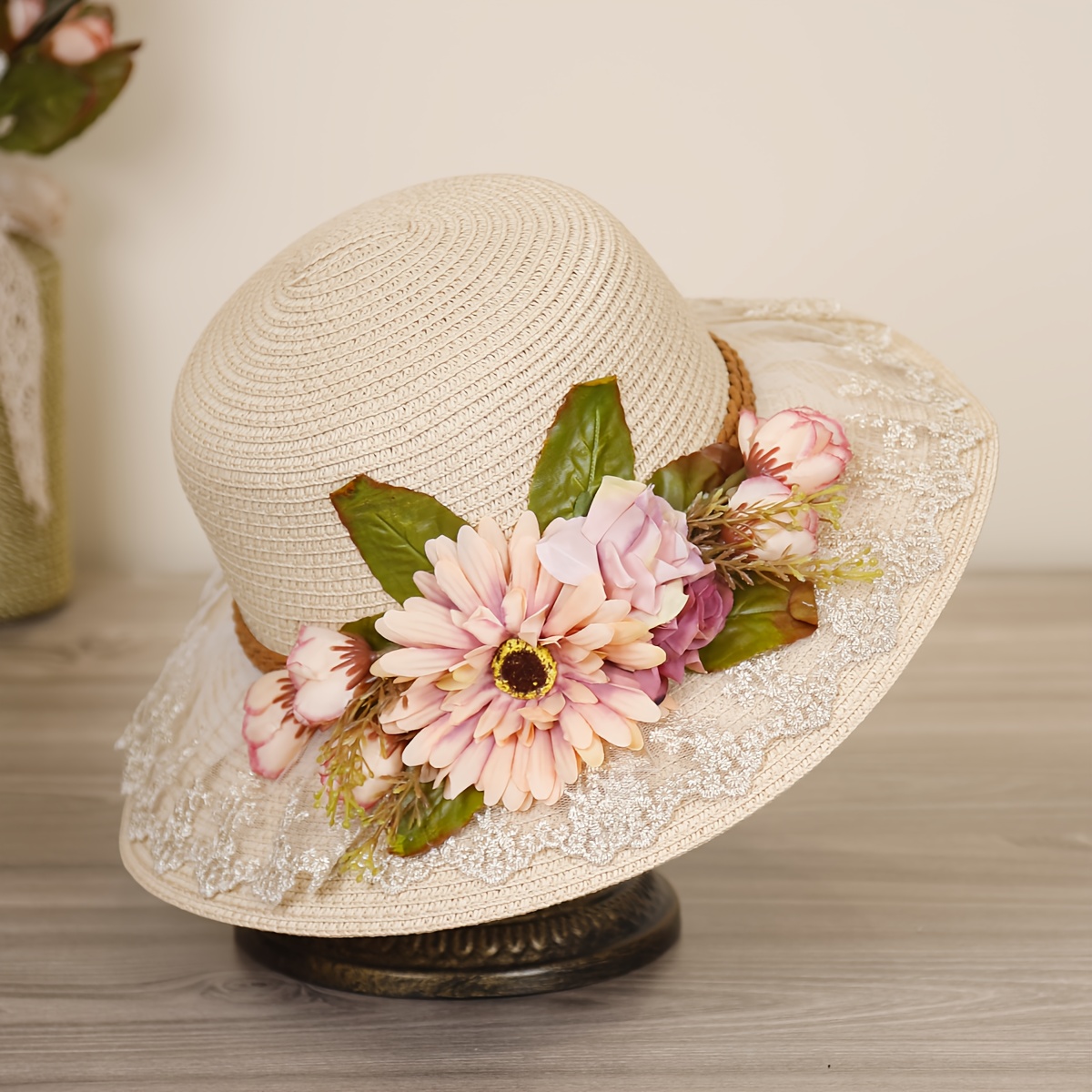 womens spring summer beach sun hat sunflower decoration  display picture 2