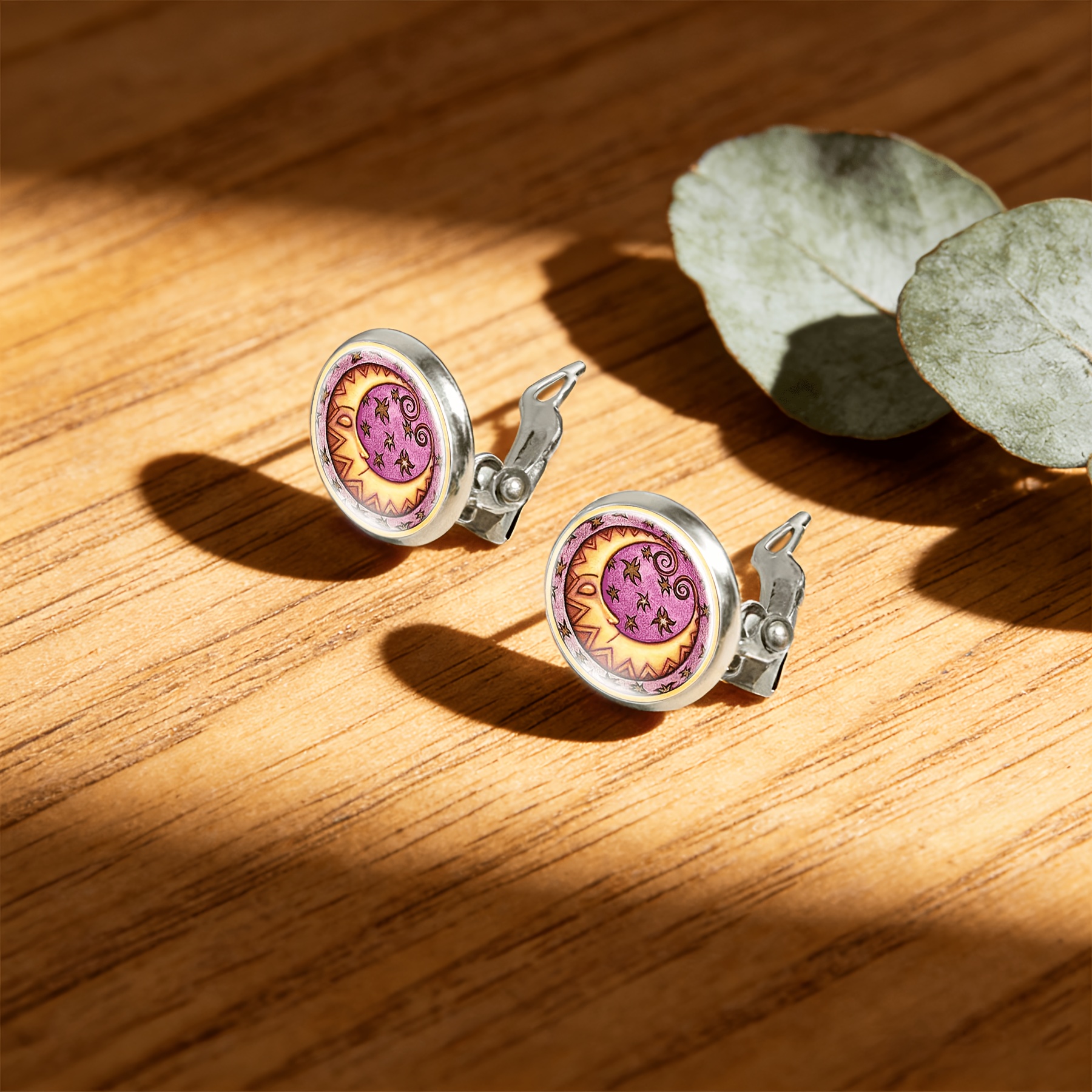 2pcs No-Piercing Round Glass-faced Sun & Moon Earrings Set