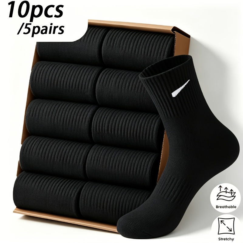 TEMU 10pcs/5 Pairs Premium Men's Mid-calf Sports Socks, Comfortable For Spring, Summer, And Autumn, Simple Black And White Casual Business Socks