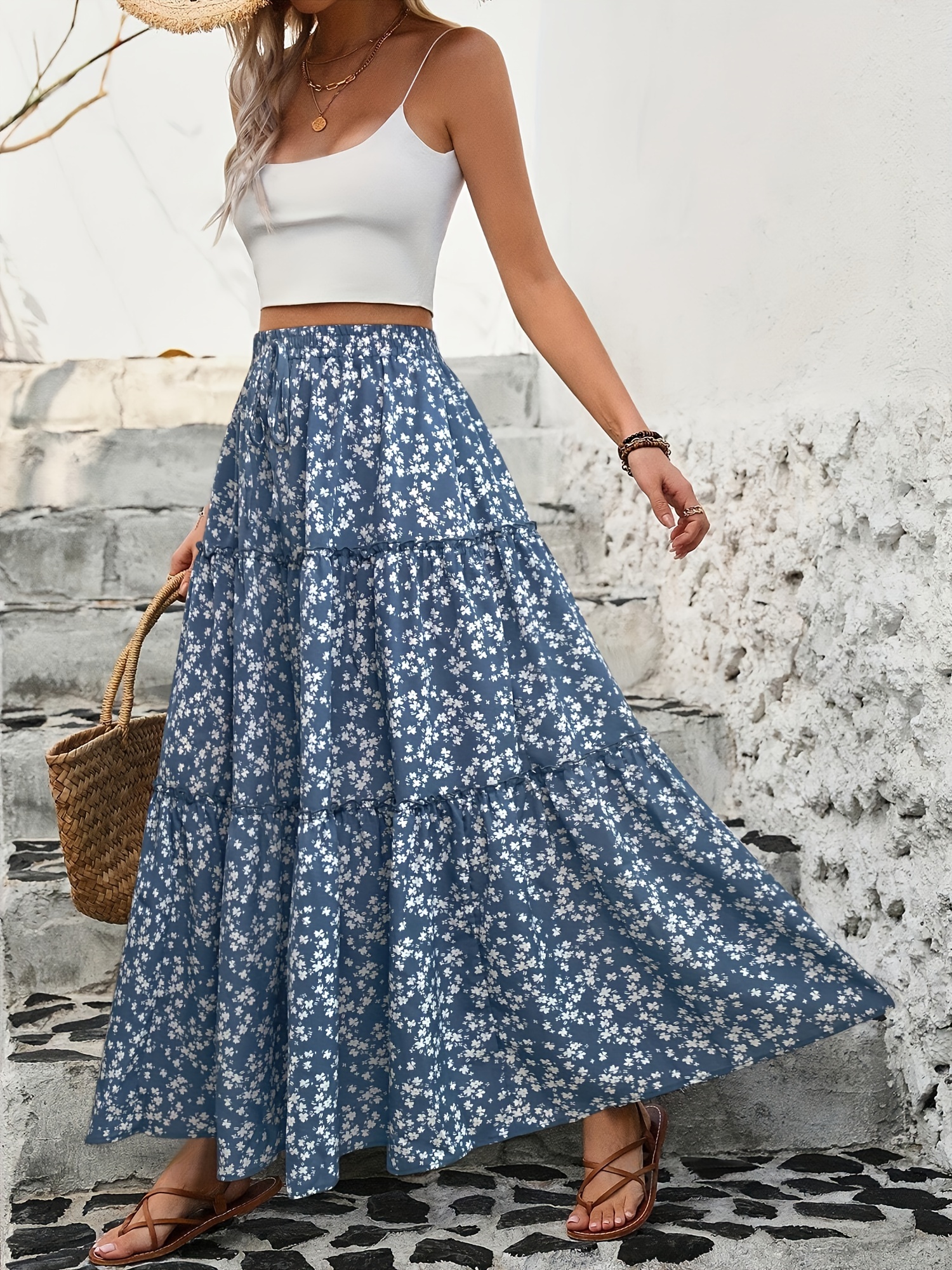 【BAON】Reimi Banding Check Tiered Long Skirt Remi Drawstring Tiered Maxi Skirt-White