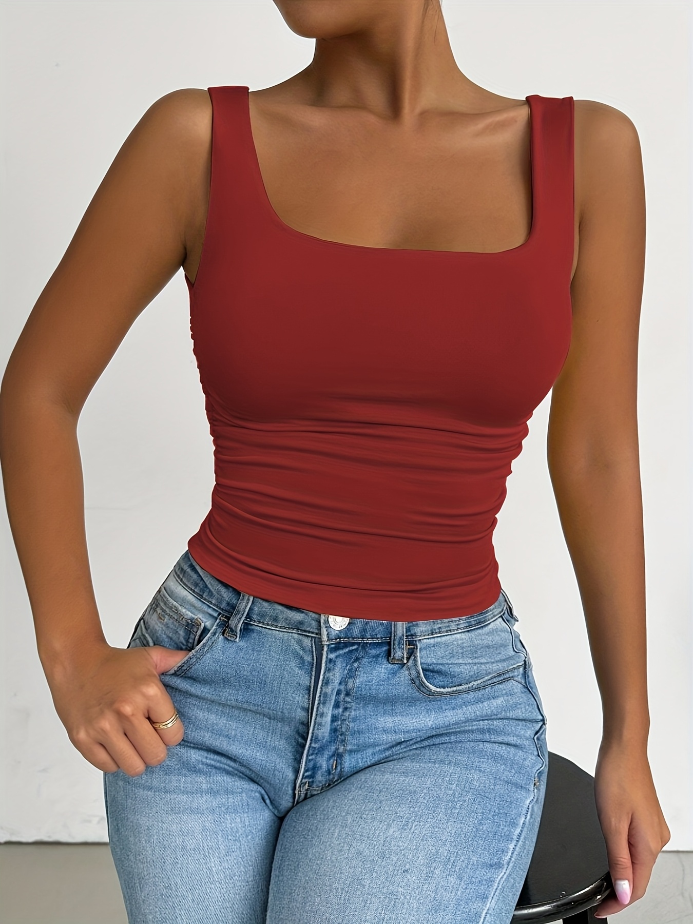 Women'S Red Strapless Tank Top - Skinny Fit, Sleeveless, All-Season, Sexy Style, Solid Color, Perfect for Casual Attire, Casual Attire Top|Strapless Fashion|Skinny Fit Top