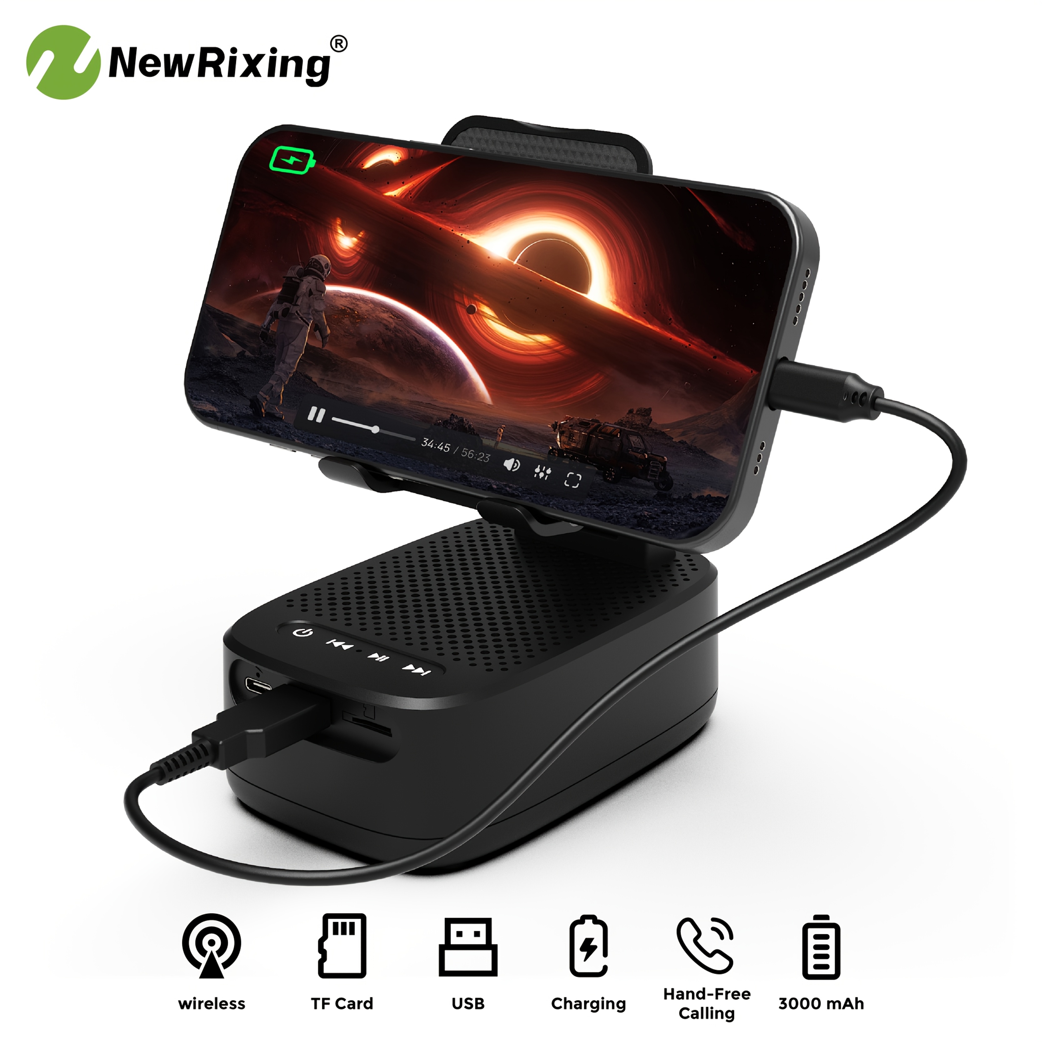 Alto-falantes sem fio NewRixing 6W com suporte para celular, emparelhamento  TWS, bateria de 3000mAh, uso de celular mãos-livres, power bank móvel, suporta reprodução BT, TF, USB, 7 horas de reprodução, qualidade de som Hi-Fi, estéreo alto e graves potentes, carregamento USB-C, para 3