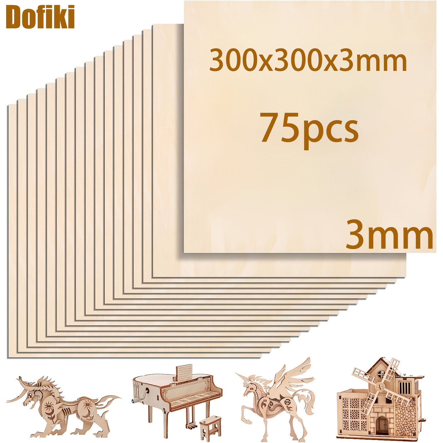 Image of Dofiki 50/75pcs Basswood Plywood 300x300x3mm, Unfinished Wood Sheet, Suitable For Crafts, Laser Cutting Engraving, Pyrography, Painting, Model Making