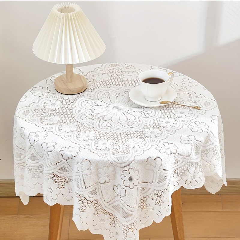 

Vintage Lace Tablecloth, Round Romantic French-inspired Decorative Tea Table Cover, Machine Made Knit Fabric, 100% Lace Material, Elegant Fringed Design For Picnic And Dining Table Decor