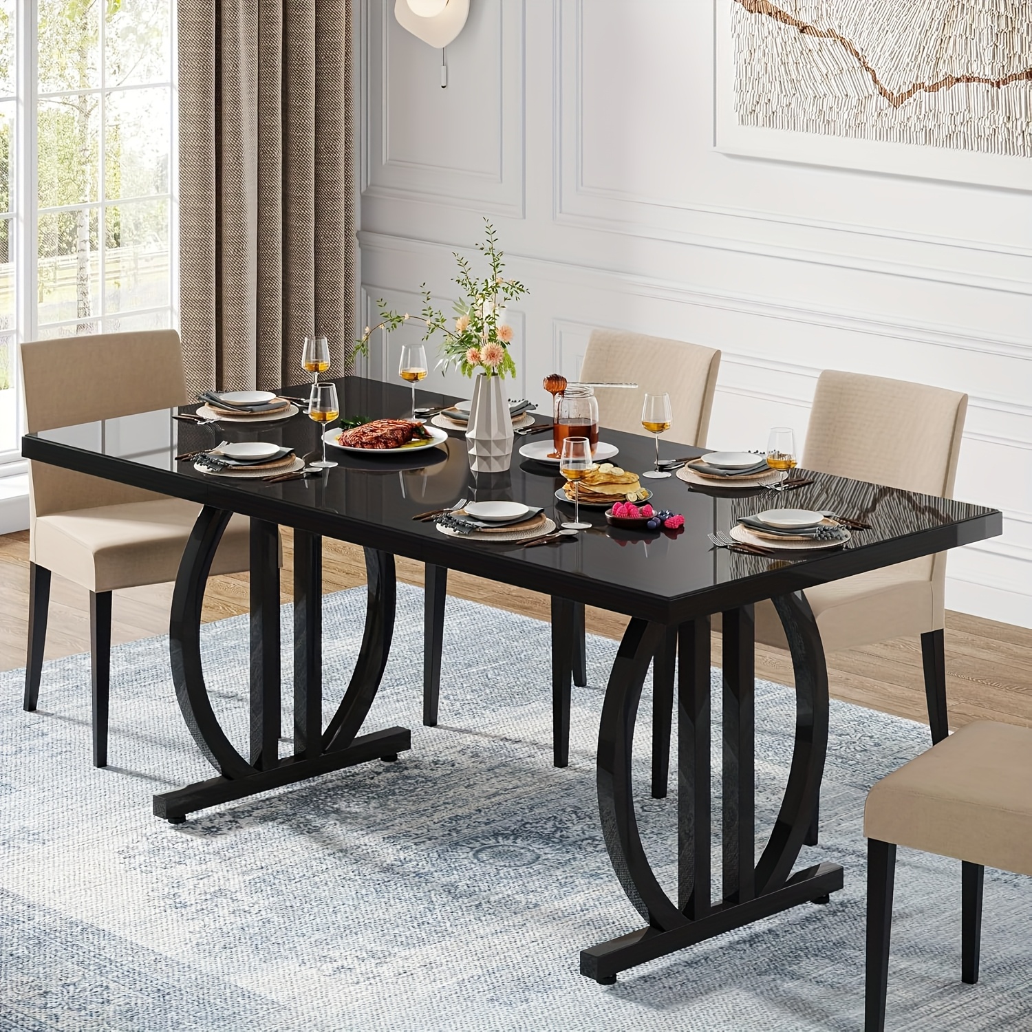 Modern Industrial Dining Table For 6 People - 63-inch Rectangular Kitchen Table With Metal Legs & Wood Tabletop, Assembly Modern Black Table Suitable For Dining Room, Kitchen, Gatherings